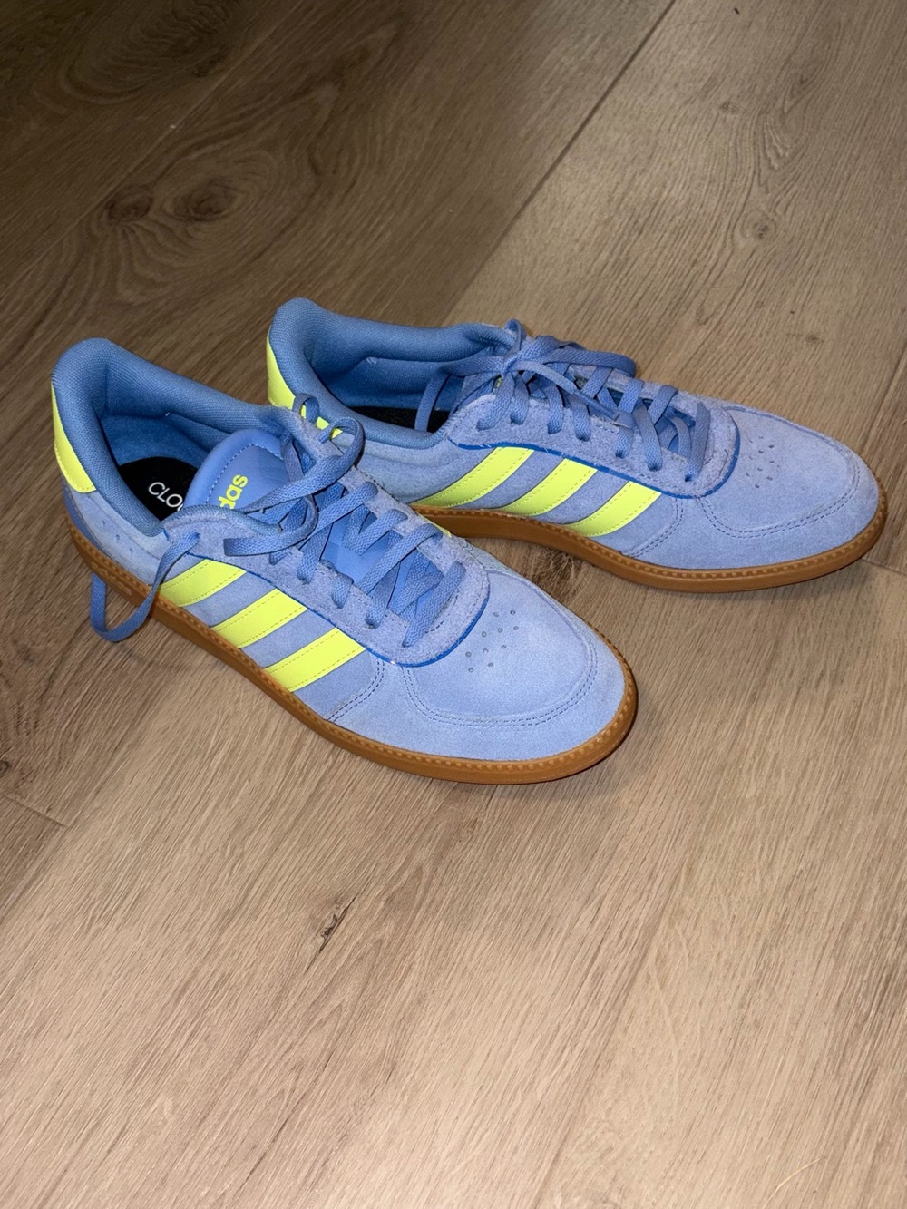 adidas Light Blue Suede Sneakers with Neon Yellow Stripes